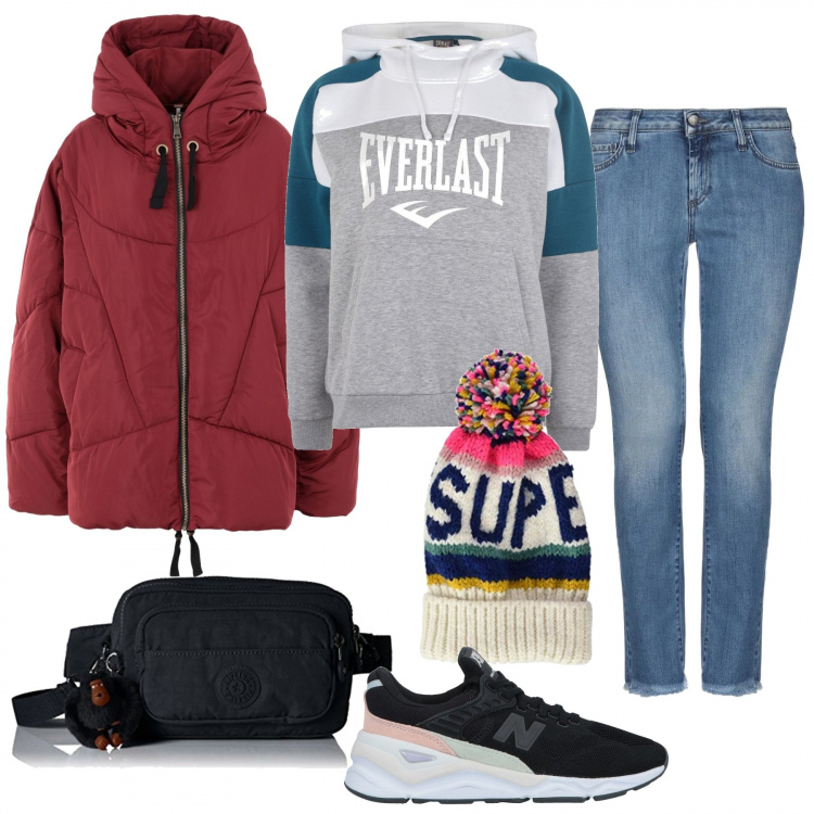 Outfit donna - Sportiva. Stile Basic per Tutti i giorni. Abbinamento con sneakers, piumino con cappuccio a maniche lunghe con zip interno imbottito in tessuto tecnico tinta unita, jeans, felpa grigio, berretti, borsa a tracolla.