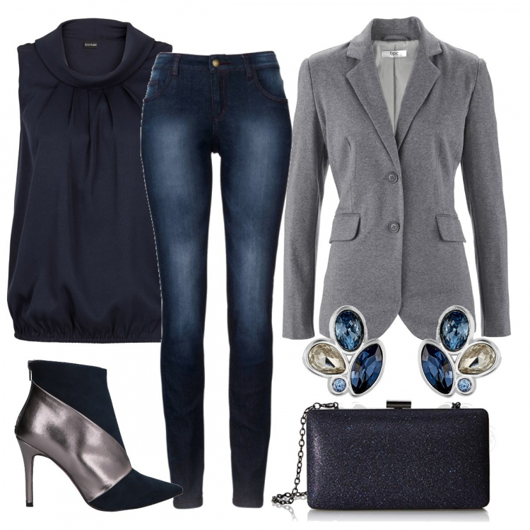 Outfit donna - Eleganza in denim. Stile Chic per Serata fuori. Abbinamento con jeans skinny, blazer jersey grigio, top, stivaletti fantasia effetto scamosciato con zip a punta, orecchini blu, pochette blu.