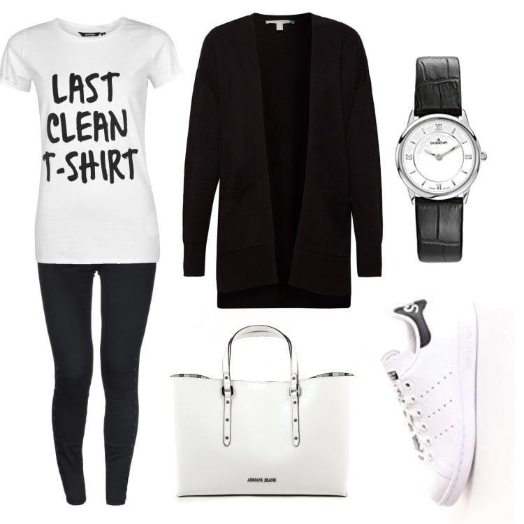 Outfit donna - L\'ultima maglia pulita. Stile Urban per Tutti i giorni. Abbinamento con jeans slim fit, cardigan con spacco laterale a coste in in maglia nero, borsa, t-shirt, orologi.