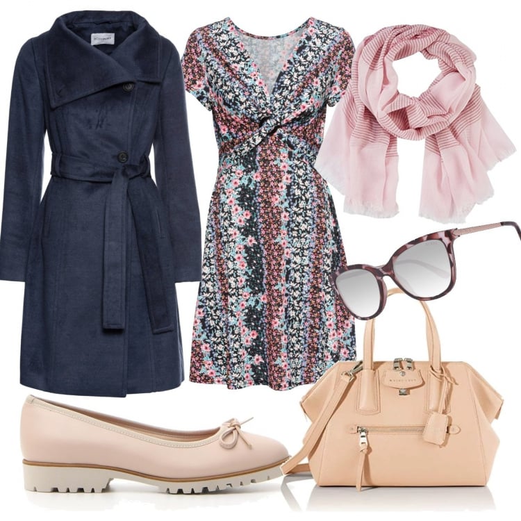 Outfit donna - Chic #1597. Stile Chic per Tutti i giorni. Abbinamento con vestiti, cappotti, ballerine, occhiali da sole multicolore, borse a mano, sciarpa lunga.
