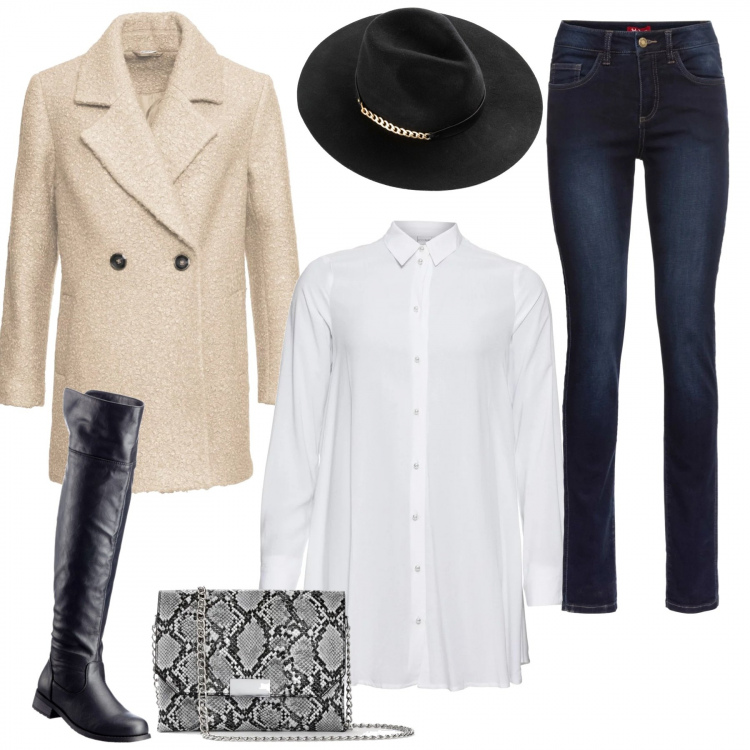 Outfit donna - Brunch in New York. Stile Trendy per Tutti i giorni. Abbinamento con camicie, t-shirt, stivali sopra il ginocchio, reggiseni, cappello con catena in pelle sintetica nero, borsa a tracolla.