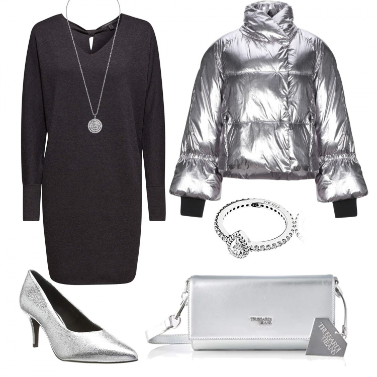 Outfit donna - Piumino argentato. Stile Bon Ton per Serata fuori. Abbinamento con piumini, vestiti, ciondolo, clutch, scarpe con tacco argento, anelli.