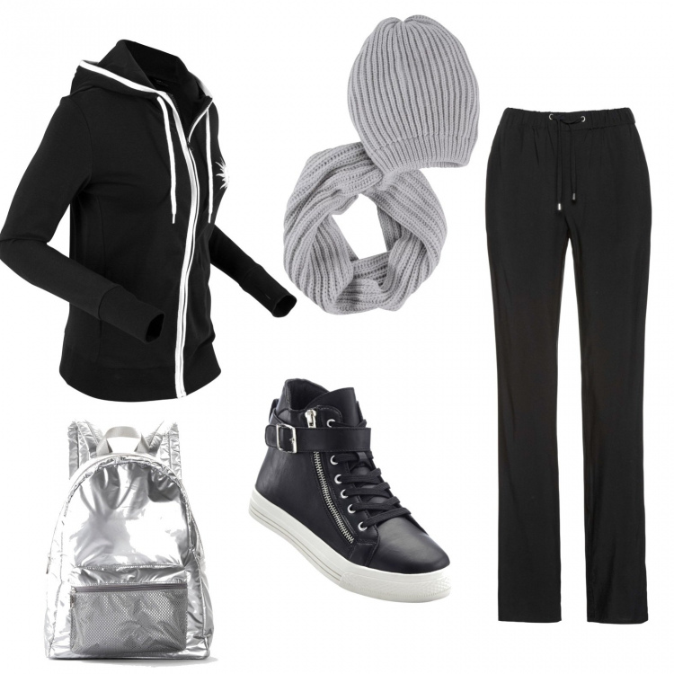 Outfit donna - In Piscina con Bon Brix. Stile Basic per Tutti i giorni. Abbinamento con pantaloni, blazer, sneakers sport con zip nero, maglieria, berretti.