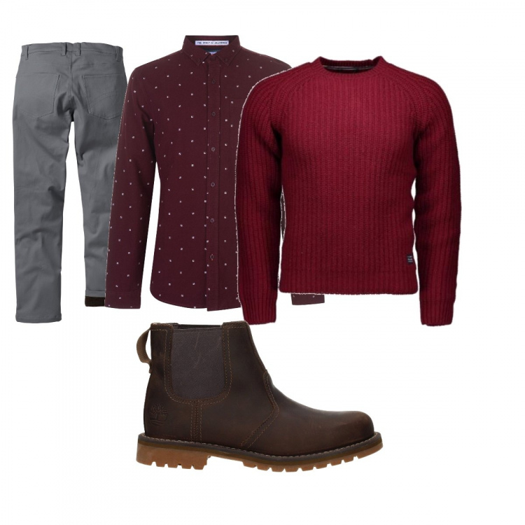 Outfit uomo - Grigio e bordeaux. Stile Casual per Tutti i giorni. Abbinamento con pantaloni, stivaletti, maglione, camicia.