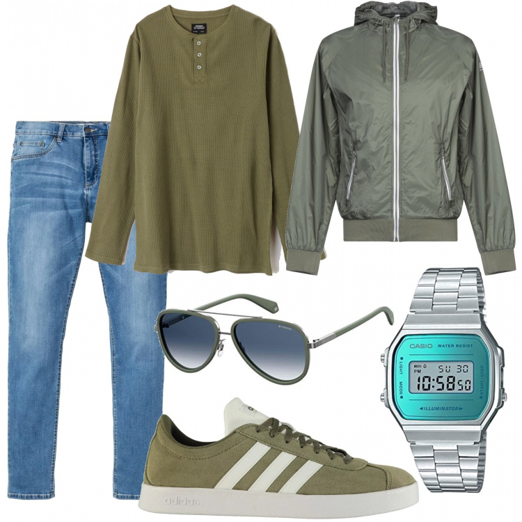 Outfit uomo - Viva i jeans. Stile Urban per Tutti i giorni. Abbinamento con jeans, giubbotto, t-shirt stile militare a maniche lunghe tinta unita verde, braccialetti, occhiali da sole, sneakers.