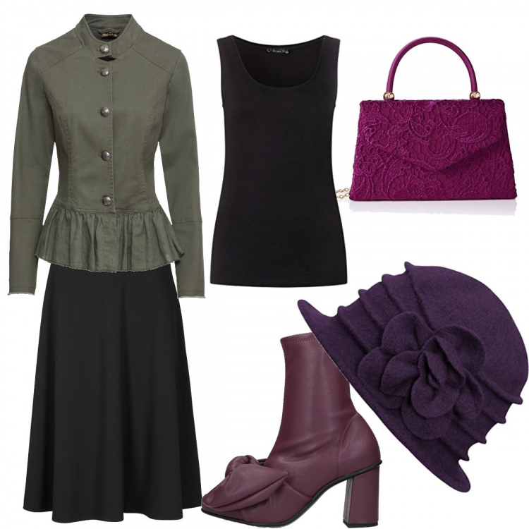 Outfit donna - Viaggiando nel passato...in business lc. Stile Trendy per Ufficio. Abbinamento con gonne longuette, blazer, stivaletti, borse a mano, cappello, vestaglie.