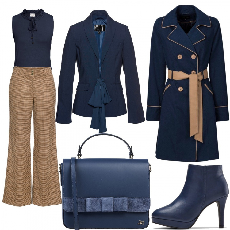 Outfit donna - Colloquio di lavoro. Stile Bon Ton per Ufficio. Abbinamento con trench, vestiti, pantaloni, top, stivaletti, borsa a mano con fiocco e manico effetto scamosciato taglia media con zip interno foderato tinta unita.