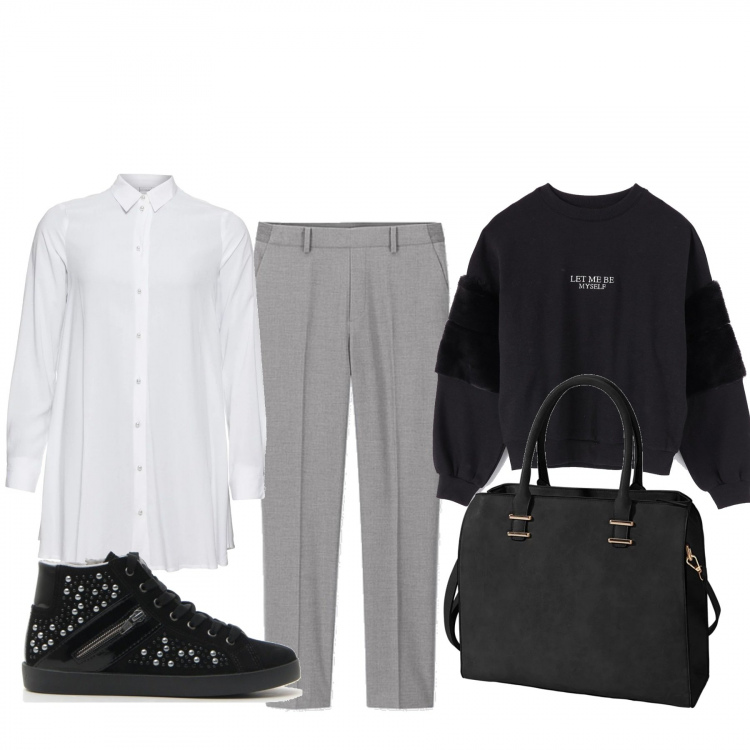 Outfit donna - Pellicciotto sulla felpa. Stile Basic per Scuola/Università. Abbinamento con camicie, borse a spalla, felpa, sneakers, pantalone con fasce e bottoni.