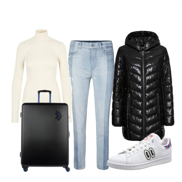Outfit donna - Viaggio low cost: classe economy. Stile Basic per Tutti i giorni. Abbinamento con valigia, giacche, scarpa sportiva, jeans, pullovers.