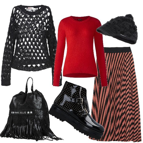 Outfit mujer - A clases. Estilo Rock para Escuela/Universidad. look ideal para Tall/Alta. Combinación con jerséis, cappello, suéter, falda longuette, zaino maxi, botines.