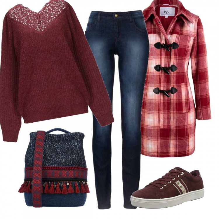 Outfit donna - Il cappottino in tartan. Stile Basic per Tutti i giorni. Abbinamento con jeans skinny, montgomery, pullover, borsa a spalla, sneakers rosso e bordeaux.