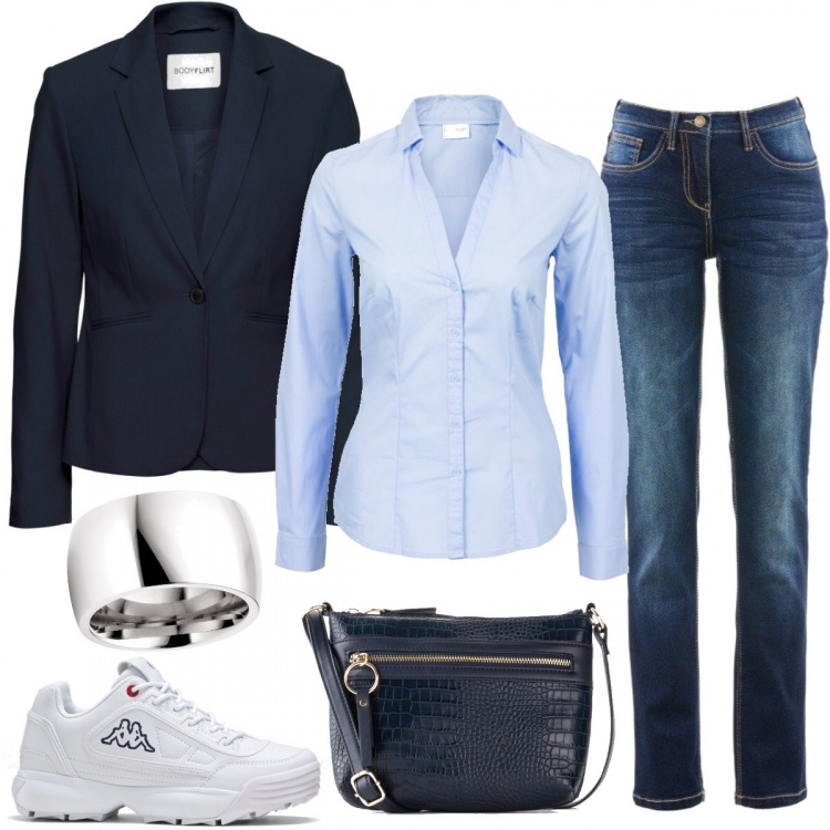 Outfit donna - Occasioni da non perdere da Bon prix. Stile Trendy per Tutti i giorni. Abbinamento con camicie, blazer, jeans, maglieria, sneakers, anello.