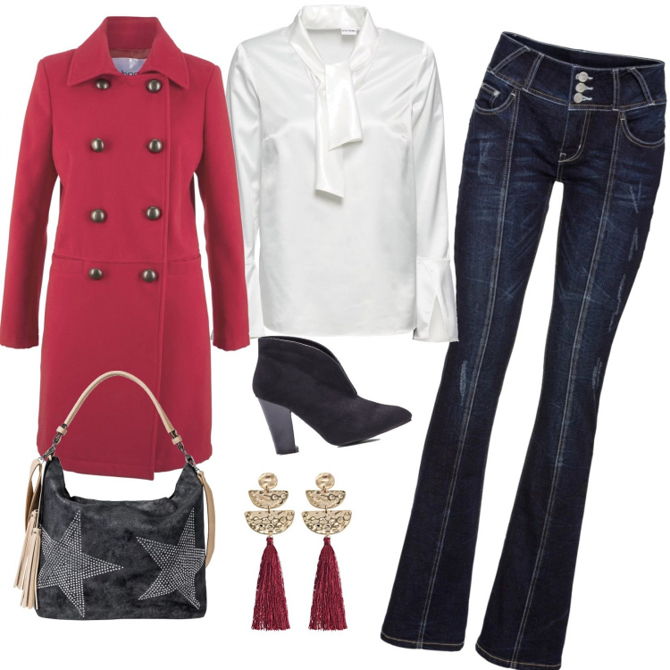 Outfit donna - In facoltà... Stile Urban per Scuola/Università. Abbinamento con jeans bootcut, cappotti, blusa, stivaletti, bermuda, orecchini.