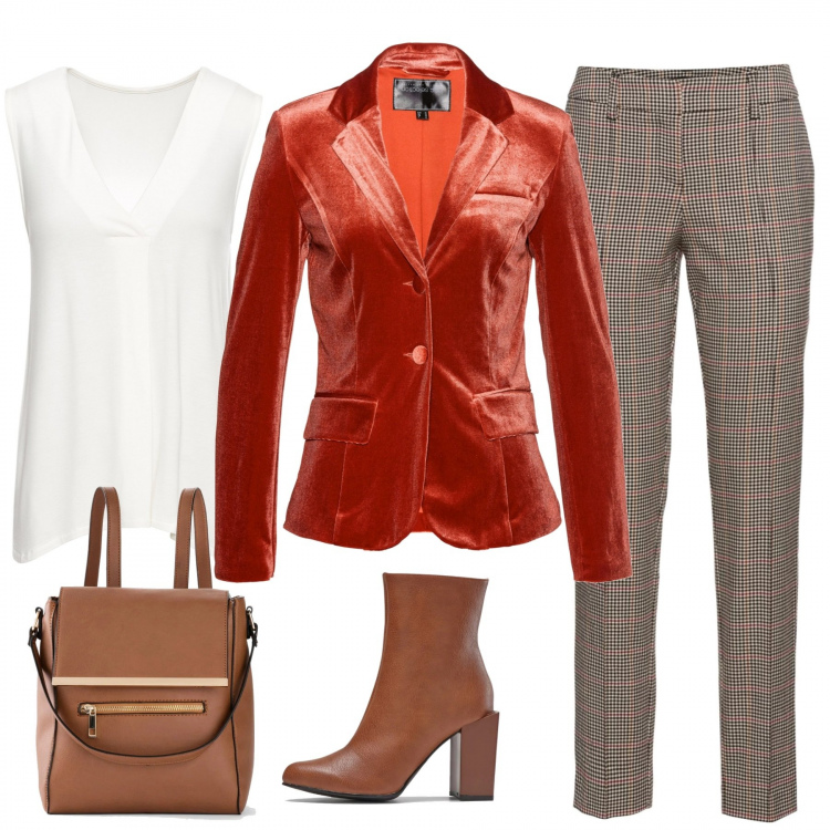 Outfit donna - Tweed e velluto. Stile Basic per Ufficio. Abbinamento con top, pantaloni, cappotti, pantaloni chino, zaini.