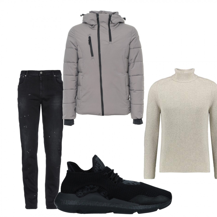 Outfit uomo - Jeans in saldo!!. Stile Urban per Tutti i giorni. Abbinamento con jeans delavé con zip in denim tinta unita, sneakers, giubbotto grigio, felpa.