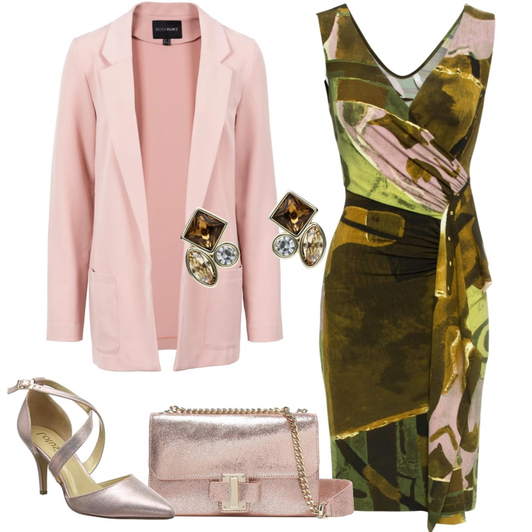 Outfit donna - Accessori madreperlati. Stile Chic per Cerimonia. Abbinamento con borsa a tracolla, vestiti corti, cappotti, scarpe col tacco, orecchini oro.