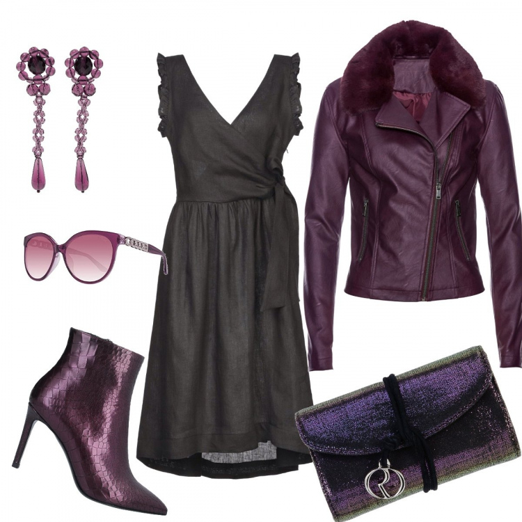 Outfit femme - Violet en soirée. Style Chic pour Cérémonie. Assortir avec vestes, blazers et manteaux, robes con zip, stiletti con zip, occhiali da sole viola, sacs à main petite, boucles d'oreilles.