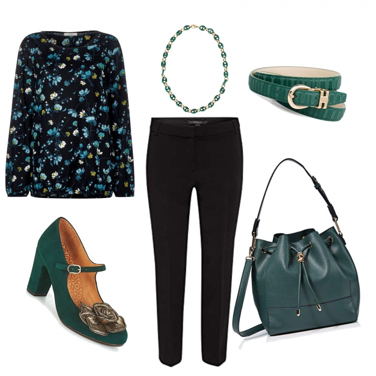 Outfit mujer - Green & Black. Estilo Bon Ton para Oficina. Combinación con blusa multicolore e nero, shopping bag verde, pantalone nero, cinturones, zapatos de tacón, collares.