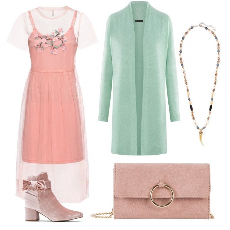 Outfit donna - Colori tenui. Stile Bon Ton per Tutti i giorni. Abbinamento con cappotti, vestito, stivaletti con fiocco e tacco largo con zip in velluto rosa, collana contrasto con gancio maglia, cardigan.