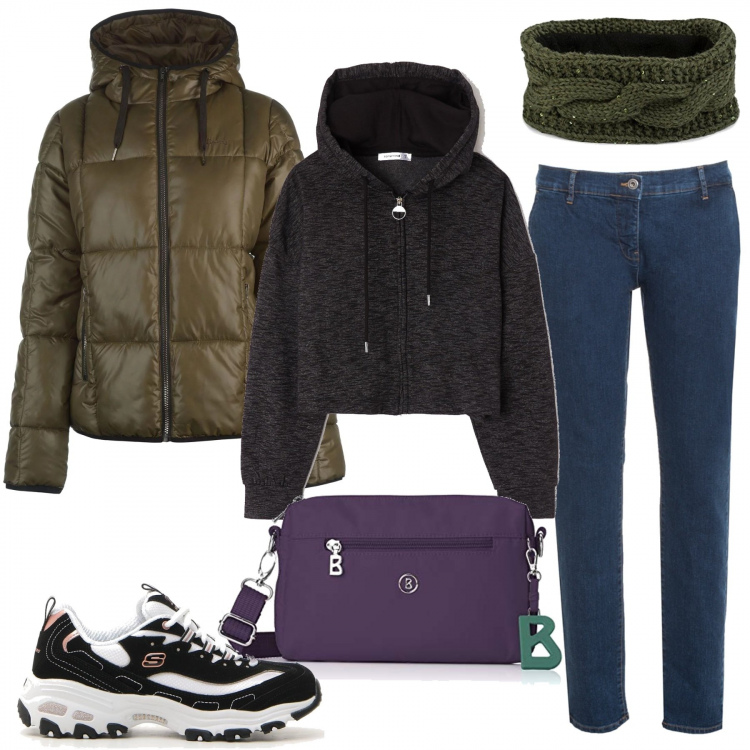 Outfit donna - Lunedi dinamico. Stile Basic per Tutti i giorni. Abbinamento con felpa con cappuccio crop con zip grigio, giubbotto sport con cappuccio e zip con tasche kaki, sneakers, pantaloni, fasce per capelli, shopping bag viola.