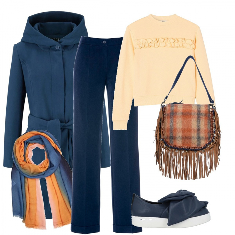 Outfit donna - La lezione di architettura. Stile Basic per Scuola/Università. Abbinamento con sneakers, borsa a spalla, pantaloni, blazer, felpa con ruches e scollo a maniche lunghe arancione e fondente, blazer.