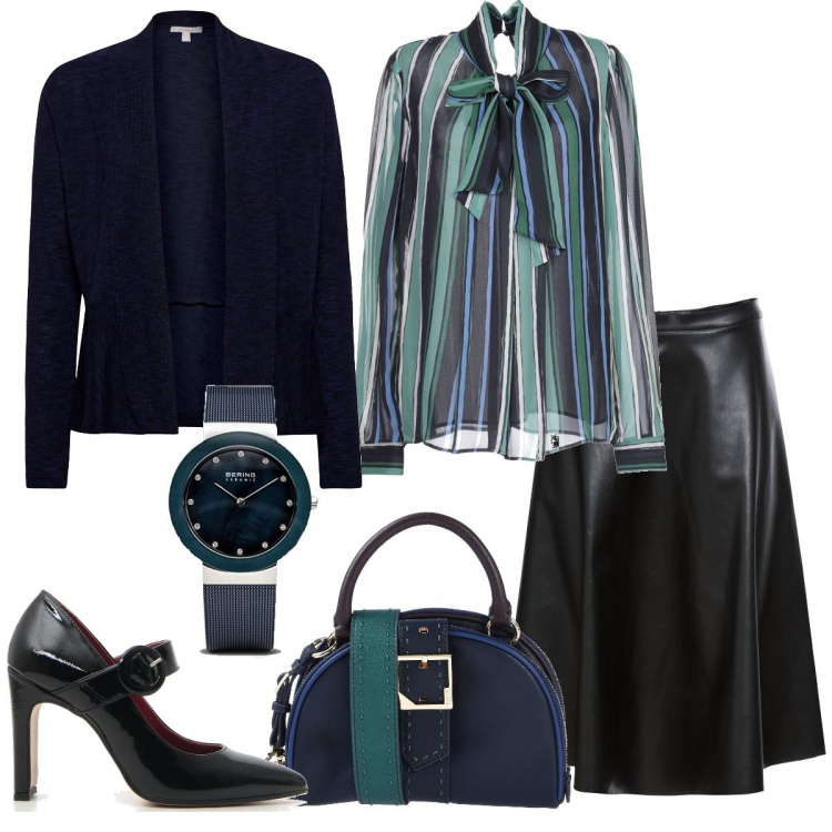 Outfit donna - Camicia a righe con fiocco. Stile Bon Ton per Tutti i giorni. Abbinamento con gonne, bluse, borse a mano, cardigans, décolleté, orologi.