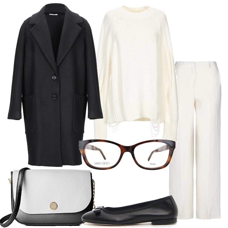 Outfit donna - Incantevole minimal. Stile Trendy per Tutti i giorni. Abbinamento con cappotti, pullovers, pantaloni, occhiali da sole, borse a tracolla, ballerine.