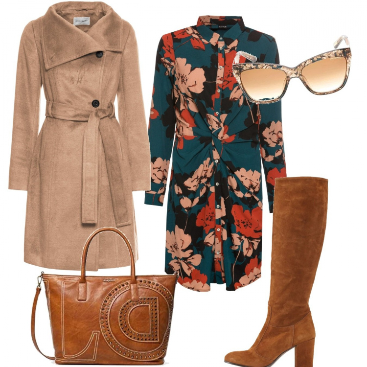Outfit donna - Trendy #3316. Stile Trendy per Tutti i giorni. Abbinamento con stivali, vestiti, cappotti, borsa a mano con zip e tasca interna, occhiali da sole.