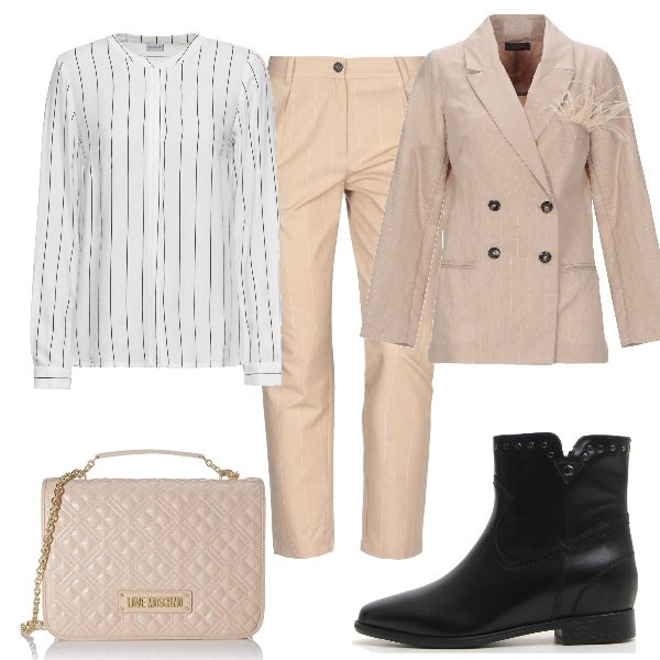 Outfit donna - Basic #1870. Stile Basic per Ufficio. Abbinamento con camicetta a righe bianco, giacca, pantaloni, borse a tracolla, stivaletti.