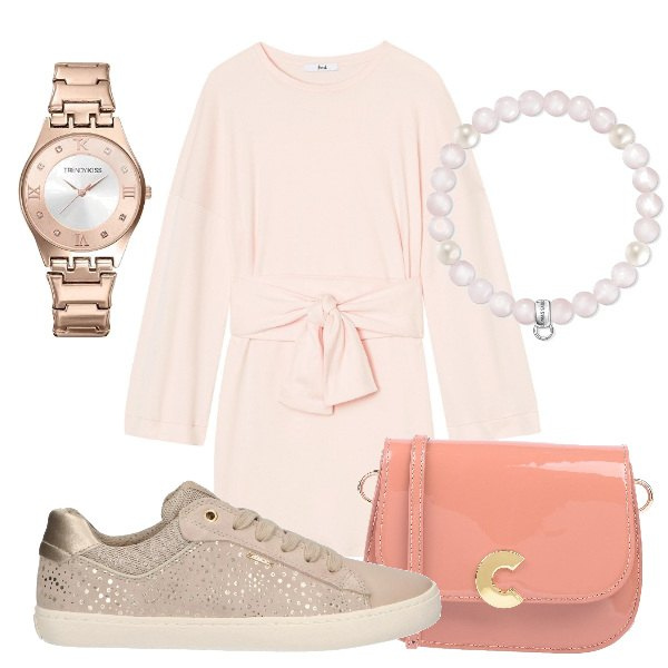 Outfit donna - Bon Ton #1673. Stile Bon Ton per Tutti i giorni. Abbinamento con borse a tracolla, sneakers, vestiti lunghi, braccialetto, orologio rosa.