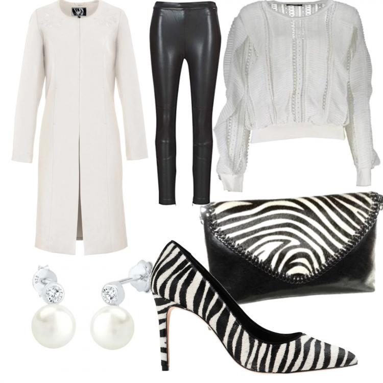 Outfit donna - Black & white. Stile Sexy per Tutti i giorni. Abbinamento con felpe con cappuccio, décolleté, pochette nero, maglia, leggings, orecchini effetto lucido argento.
