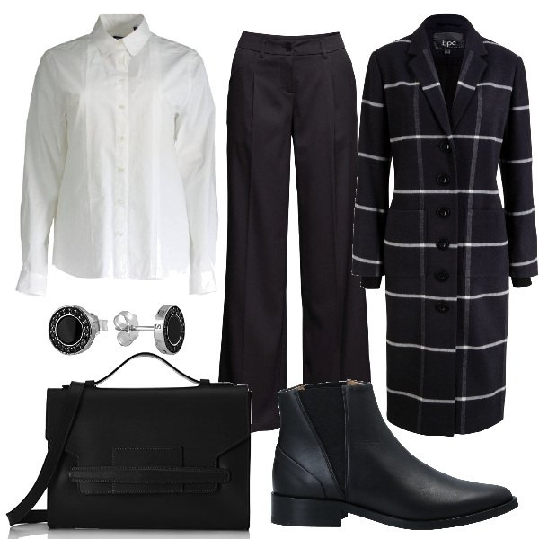 Outfit donna - Basic #1871. Stile Basic per Ufficio. Abbinamento con cappotti, pantalone lungo, stivaletti con tacco squadrato a punta pianta stretta tinta unita, camicia, orecchini, portafogli.