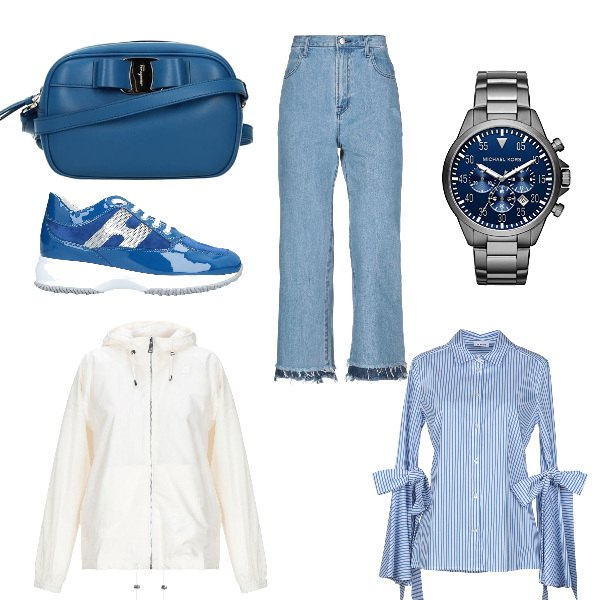 Outfit donna - Basic #1873. Stile Basic per Tutti i giorni. Abbinamento con camicia, zeppe, jeans, cappotti, borsa a tracolla, orologio analogico.