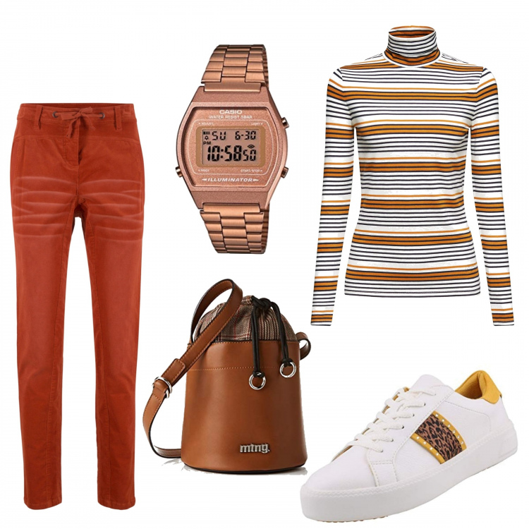 Outfit donna - Sneakers e tracolla. Stile Basic per Tutti i giorni. Abbinamento con pantaloni, maglioni, scarpa sportiva, orologi digitali, pullovers.