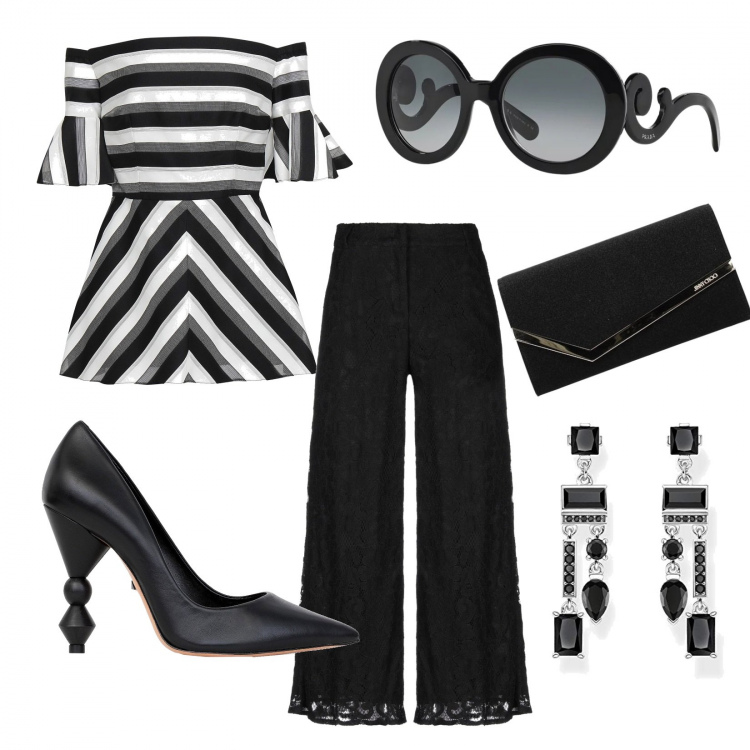 Outfit donna - Il tacco scultura. Stile Chic per Serata fuori. Abbinamento con pantaloni, occhiali da sole, bluse, décolleté, pochette glitter con logo frontale nero, orecchini.