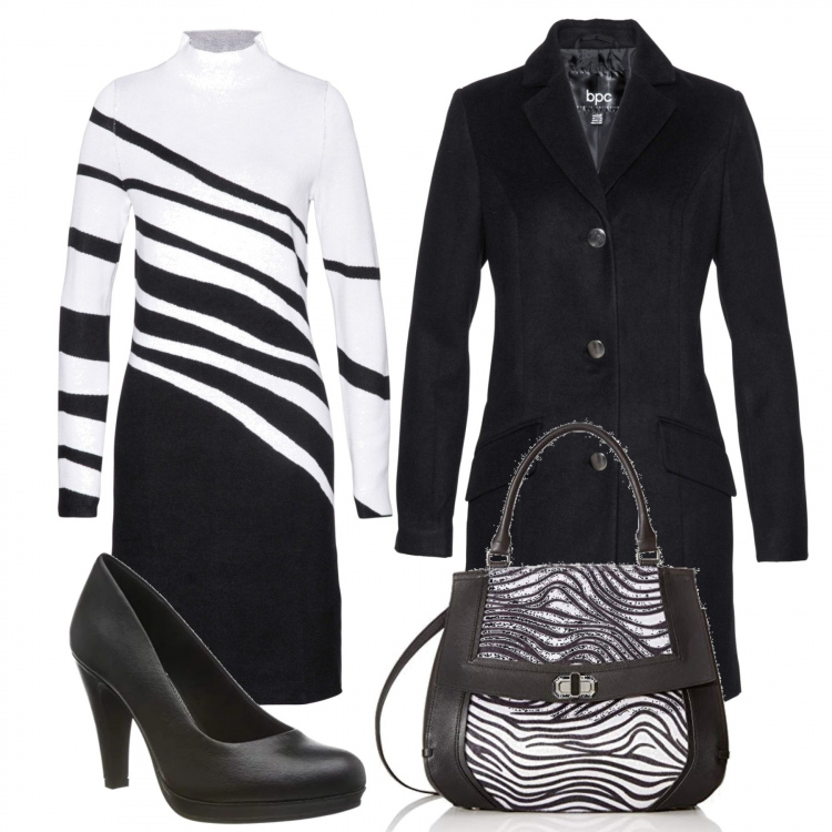 Outfit donna - Black&White. Stile Bon Ton per Ufficio. Abbinamento con vestiti midi/longuette, cappotti, scarpe col tacco con plateau nero, borsa a spalla.