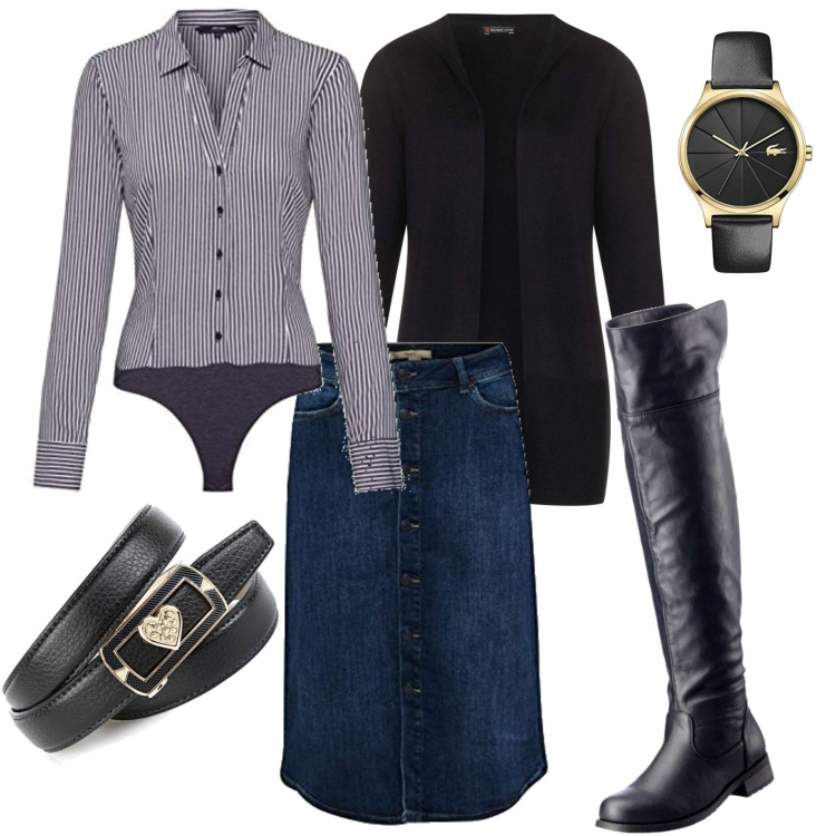Outfit donna - Trendy #3324. Stile Trendy per Tutti i giorni. Abbinamento con stivali sopra il ginocchio, corpo, gonne, cardigans, orologi analogici, cinture.