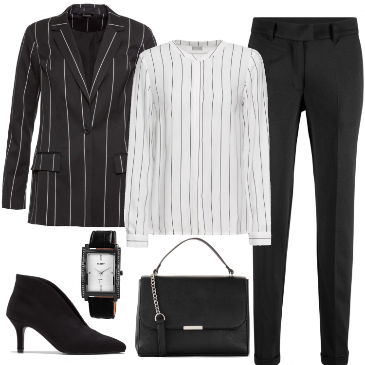 Outfit donna - Le righe a contrasto. Stile Trendy per Ufficio. Abbinamento con zaini, jeans dritti, camicetta a righe bianco, borsa a tracolla con manico interno foderato in pelle sintetica con tracolla regolabile nero, vestiti, orologio analogico con cinturino.