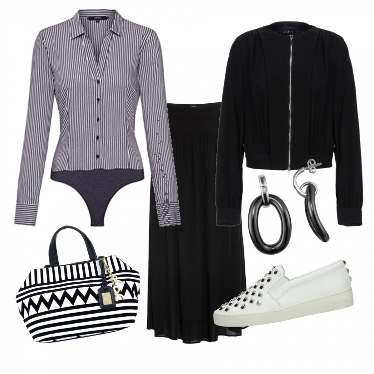Outfit donna - La camicia a righe (ed anche la borsa). Stile Trendy per Tutti i giorni. Abbinamento con gonne, bomber, borsa a mano, scarpa, corpo, orecchini.