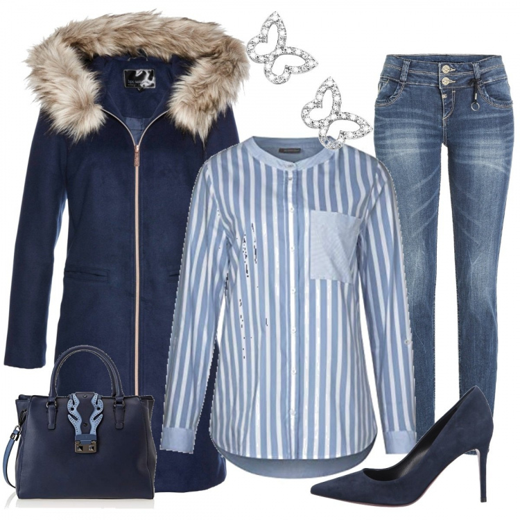 Outfit donna - La mia camicia preferita. Stile Trendy per Serata fuori. Abbinamento con cappotto, décolleté, camicie, jeans slim fit, borse tote, orecchini in argento 925 argento.