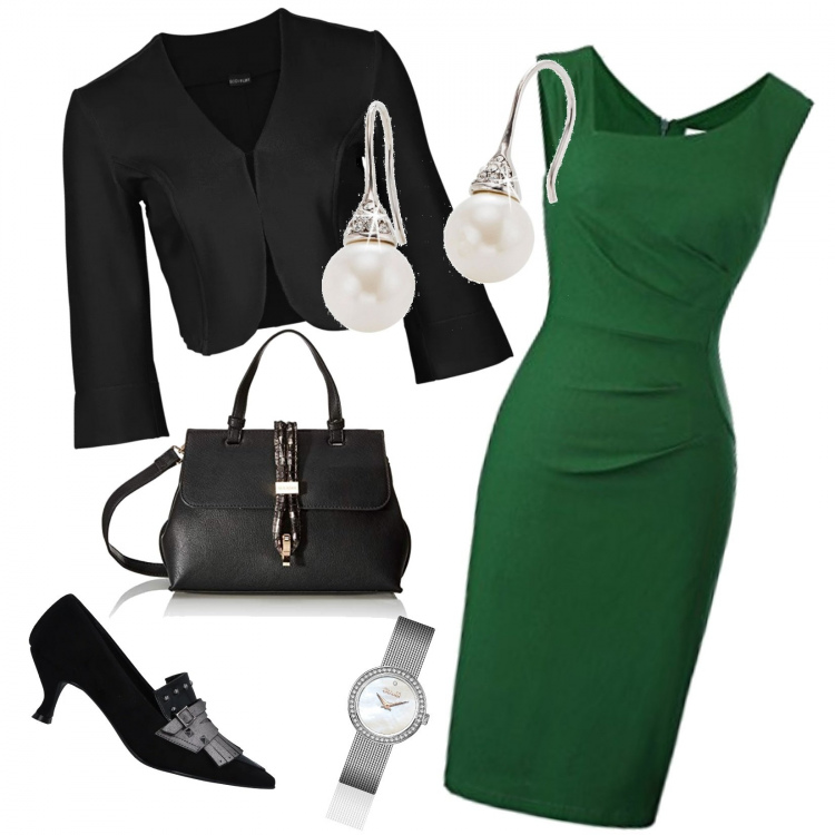 Outfit donna - Marc Jacobs Bon Ton. Stile Bon Ton per Serata fuori. Abbinamento con bolero, orecchini, mocassini fantasia effetto scamosciato interno foderato a punta, vestiti senza maniche, braccialetto, zaino.