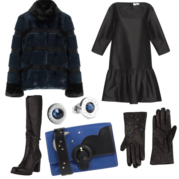 Outfit mujer - Cita un lunes.. por qué no??. Estilo Trendy para Noche/Fiesta elegante. Combinación con botas y anfibios nero, pendientes, vestito, cappotto, bolso de mano, guantes.
