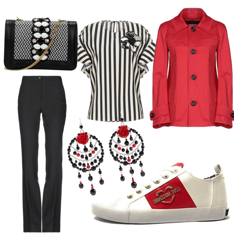 Outfit donna - Chic #1814. Stile Chic per Ufficio. Abbinamento con bluse, pantaloni, cappotti, orecchini, borse a spalla, sneakers.
