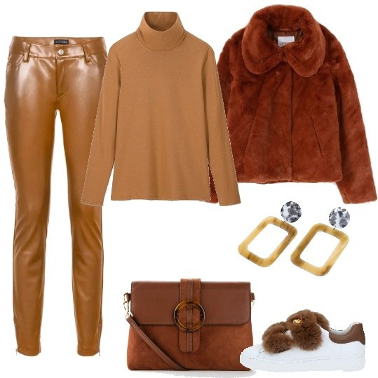 Outfit donna - Tracolla e Sneakers. Stile Trendy per Tutti i giorni. Abbinamento con orecchini, borse a tracolla, vestiti, sneakers, ecopelliccia collo classico tinta unita, t-shirt a coste collo alto a maniche lunghe elasticizzato.