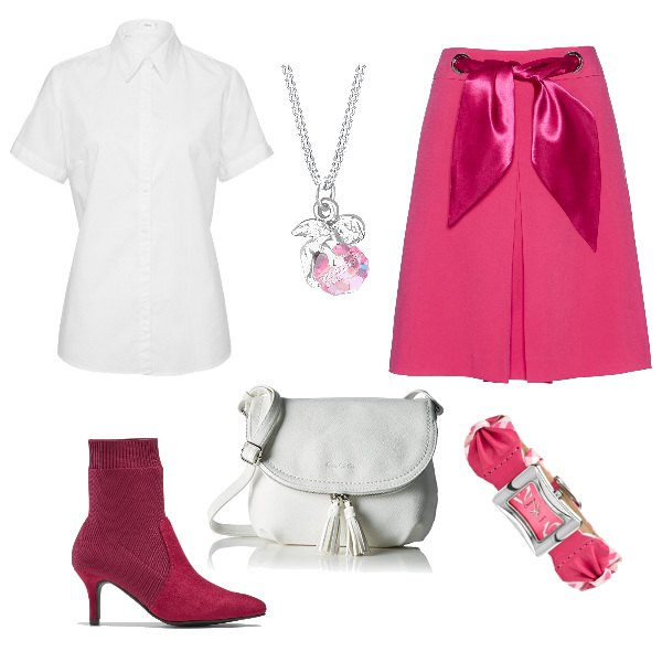Outfit donna - Chic contemporaneo. Stile Chic per Tutti i giorni. Abbinamento con camicie a manica corta, gonne, cardigans, orologi, collane, borse a tracolla.