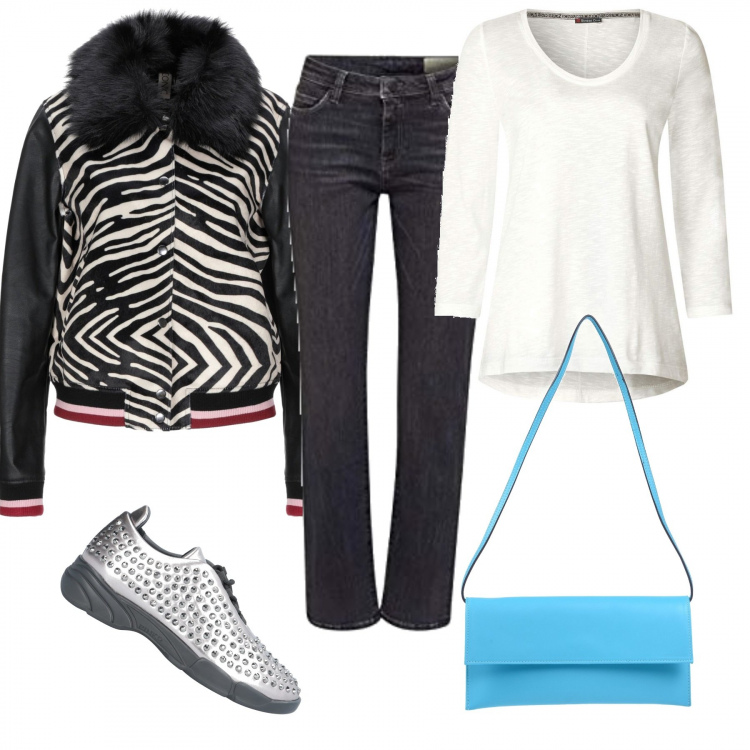 Outfit donna - Sneakers e tracollina. Stile Urban per Tutti i giorni. Abbinamento con giubbotto, borse a spalla, sneakers, t-shirt, jeans dritti.