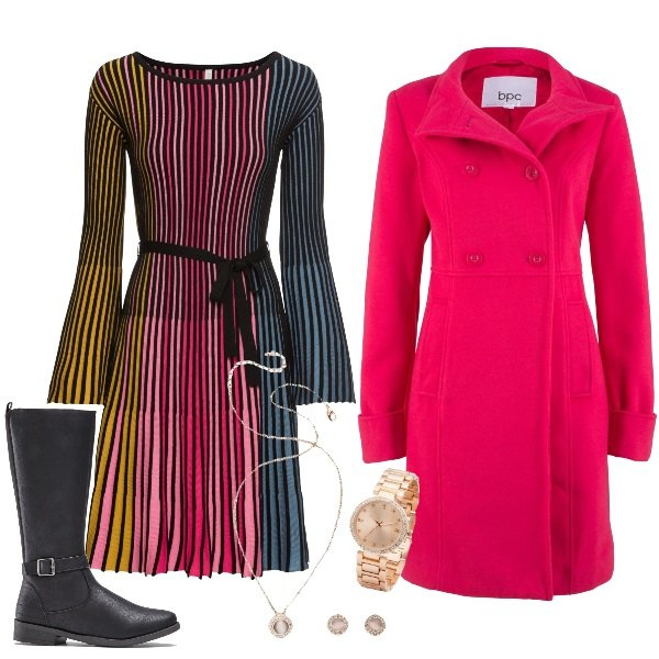 Outfit donna - Saldi Bon Prix. Stile Trendy per Tutti i giorni. Abbinamento con stivali, vestiti, cappotto collo alto, orecchini.