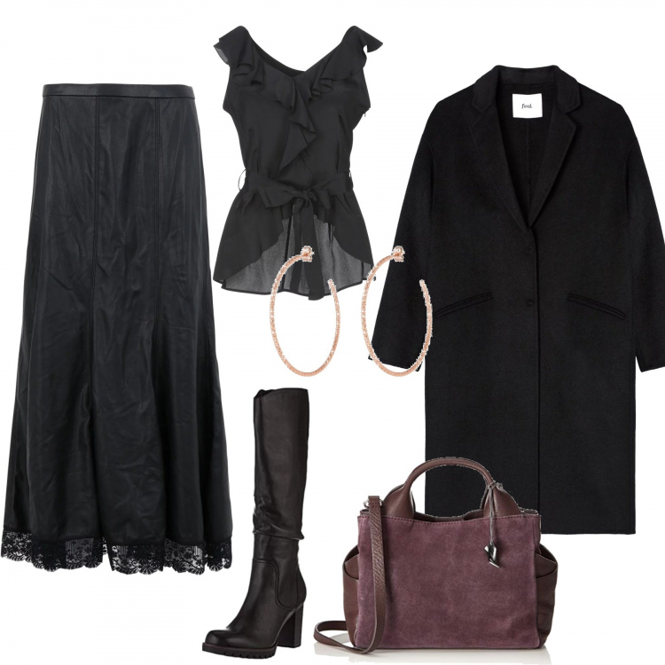 Outfit donna - Ispirato a Marc Jacobs. Stile Chic per Serata fuori. Abbinamento con gonne longuette, top, stivali, borse a spalla, cappotti, orecchini.