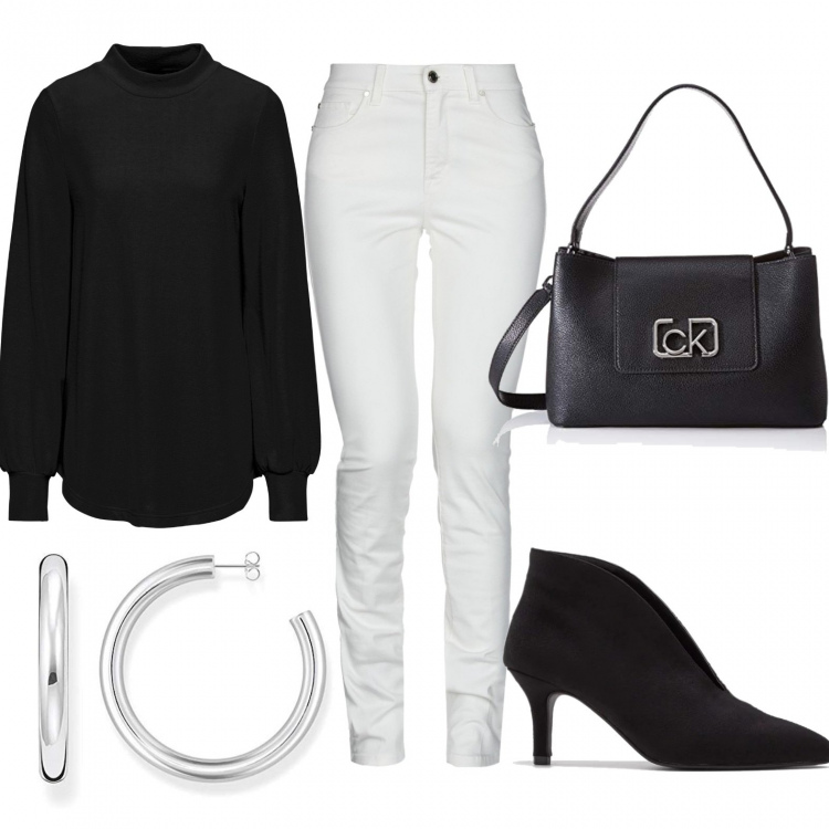Outfit donna - B&w minimal. Stile Basic per Ufficio. Abbinamento con maglia forma svasata nero, stivaletti, pantalone a sigaretta con zip in gabardine tinta unita, top, orecchini.