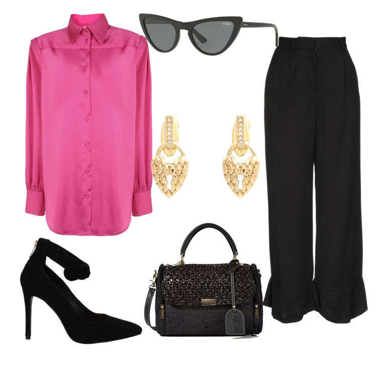 Outfit donna - Ispirato a Marc Jacobs. Stile Chic per Serata fuori. Abbinamento con pantaloni, orecchini, camicia con arricciature collo classico a maniche lunghe senza tasche tinta unita, occhiali da sole, décolleté con logo frontale nero, borsa a mano nero.